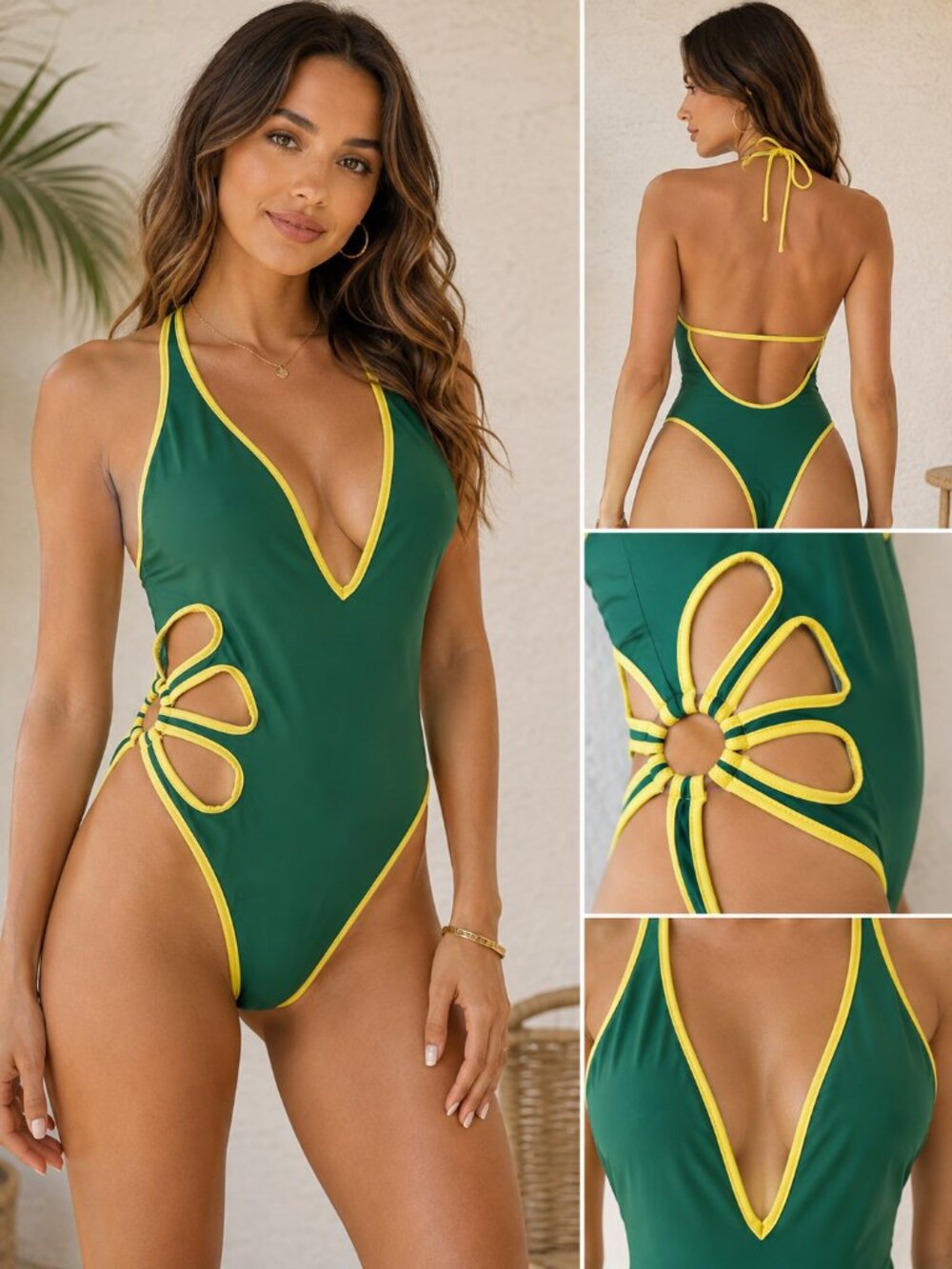 NEW SHEIN Tropical Floral Cutout One Piece Swimsuit High Cut Thong Green Yellow